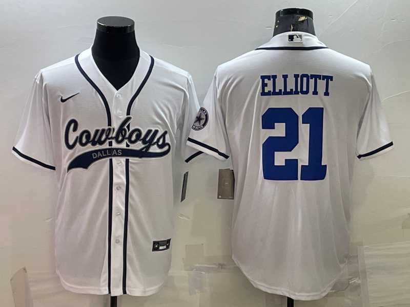 Mens Dallas Cowboys #21 Ezekiel Elliott White With Patch Cool Base Stitched Baseball Jersey->dallas cowboys->NFL Jersey